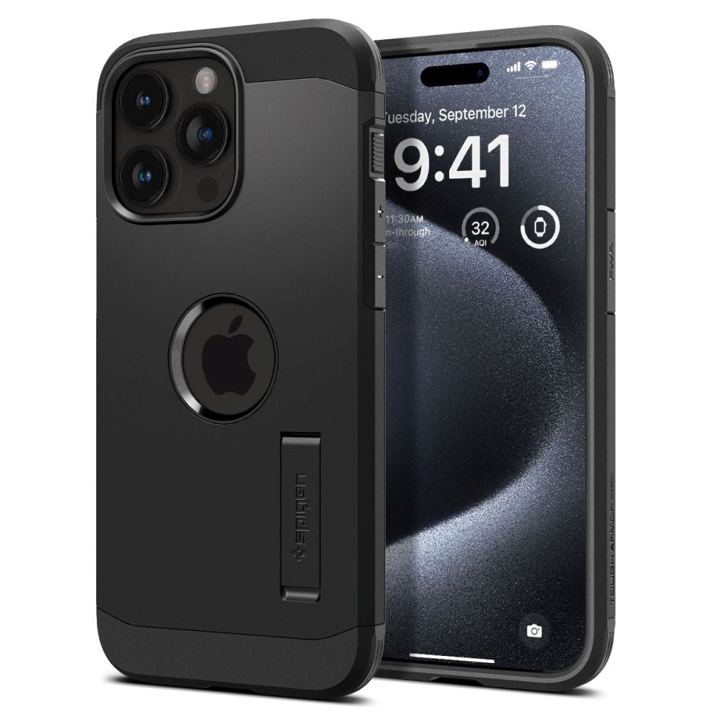 iPhone 15 Pro Spigen Tough Armor Deksel med Stativ - MagSafe-Kompatibelt - Svart