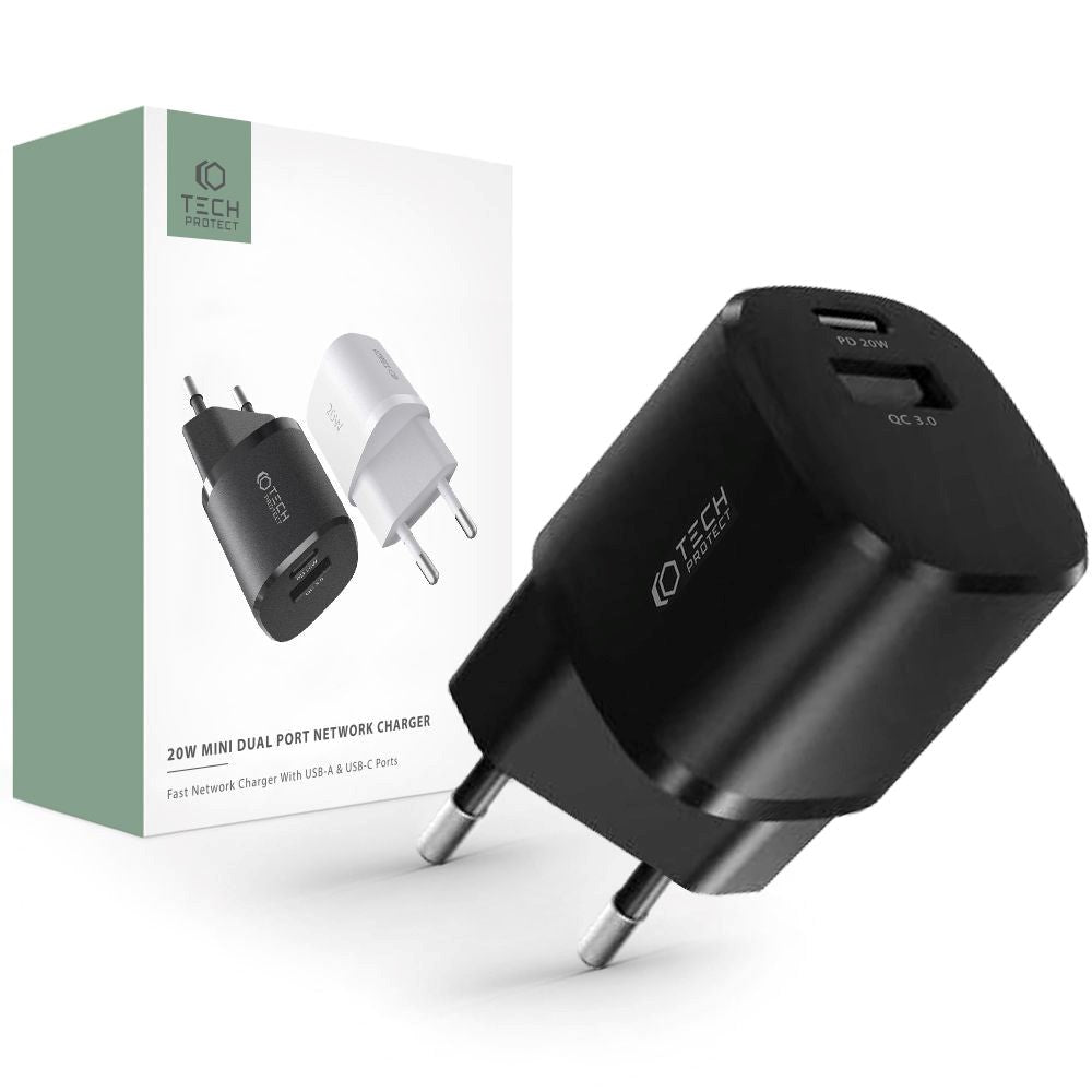 Tech-Protect Network 20W Vegglader med 1 x USB-A QC og 1 x USB-C PD - Svart