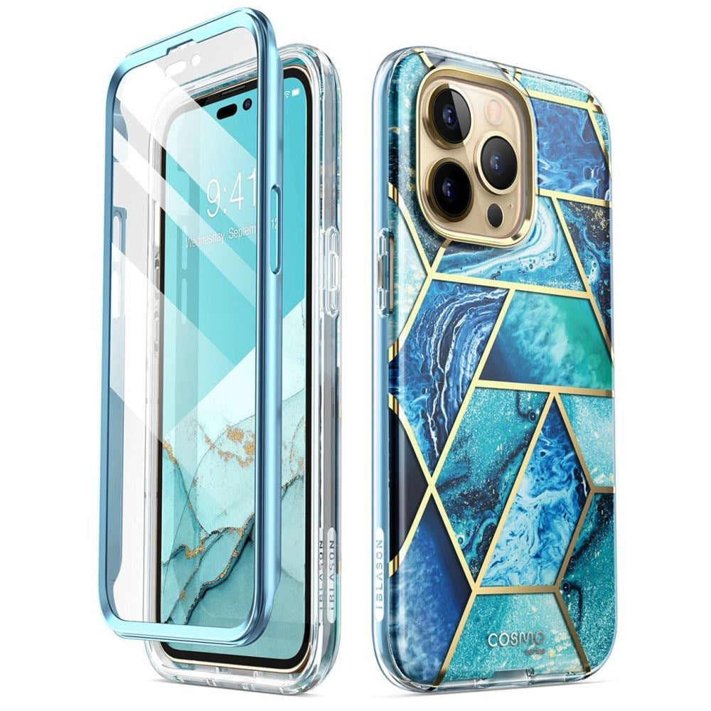 iPhone 14 Pro Max i-Blason Cosmo Marble Deksel m. Skjermbeskytter - Ocean Blue