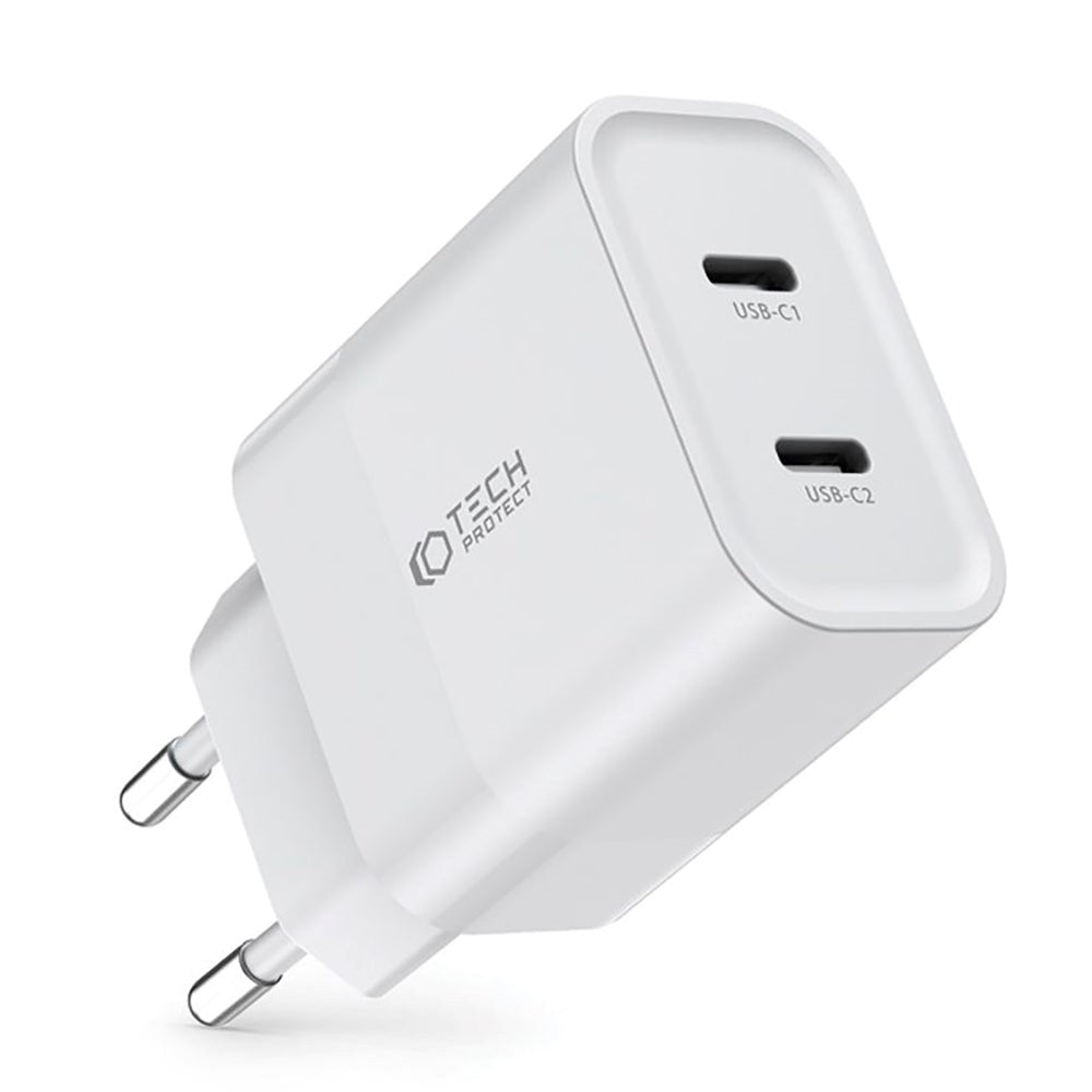 Tech-Protect 20W Vegglader med 2 x USB-C & USB-C-kabel - Hvit