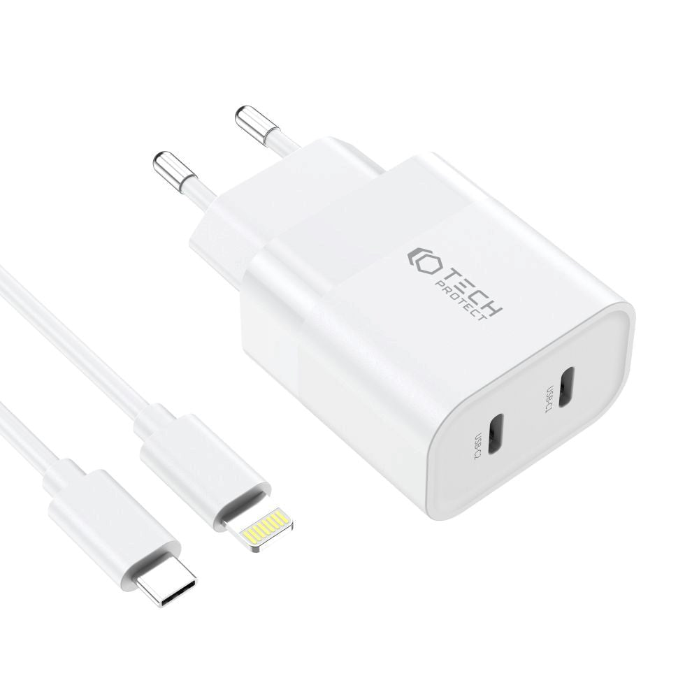 Tech-Protect 20W Vegglader med 2 x USB-C & USB-C til Lightning-kabel - Hvit