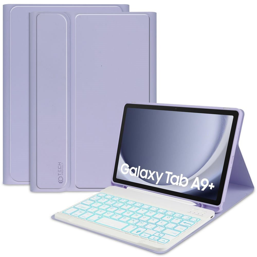 Samsung Galaxy Tab A9+ (Plus) Tech-Protect Keyboard Deksel Med Pencil Holder - Engelsk Layout - Lilla