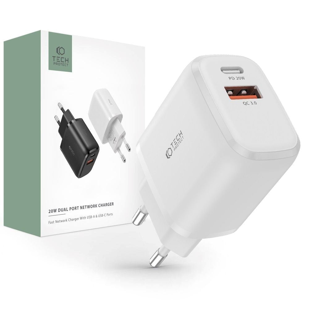 Tech-Protect Network 20W Veggladere m. 1 x USB-C & 1 x USB-A - Hvit