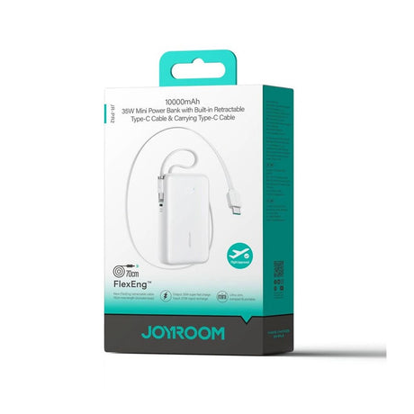 Joyroom JR-PR2 35W PowerBank m. Uttrekkbart USB-C Kabel & Innebygd USB-C Kabel - 10.000 mAh - Hvit