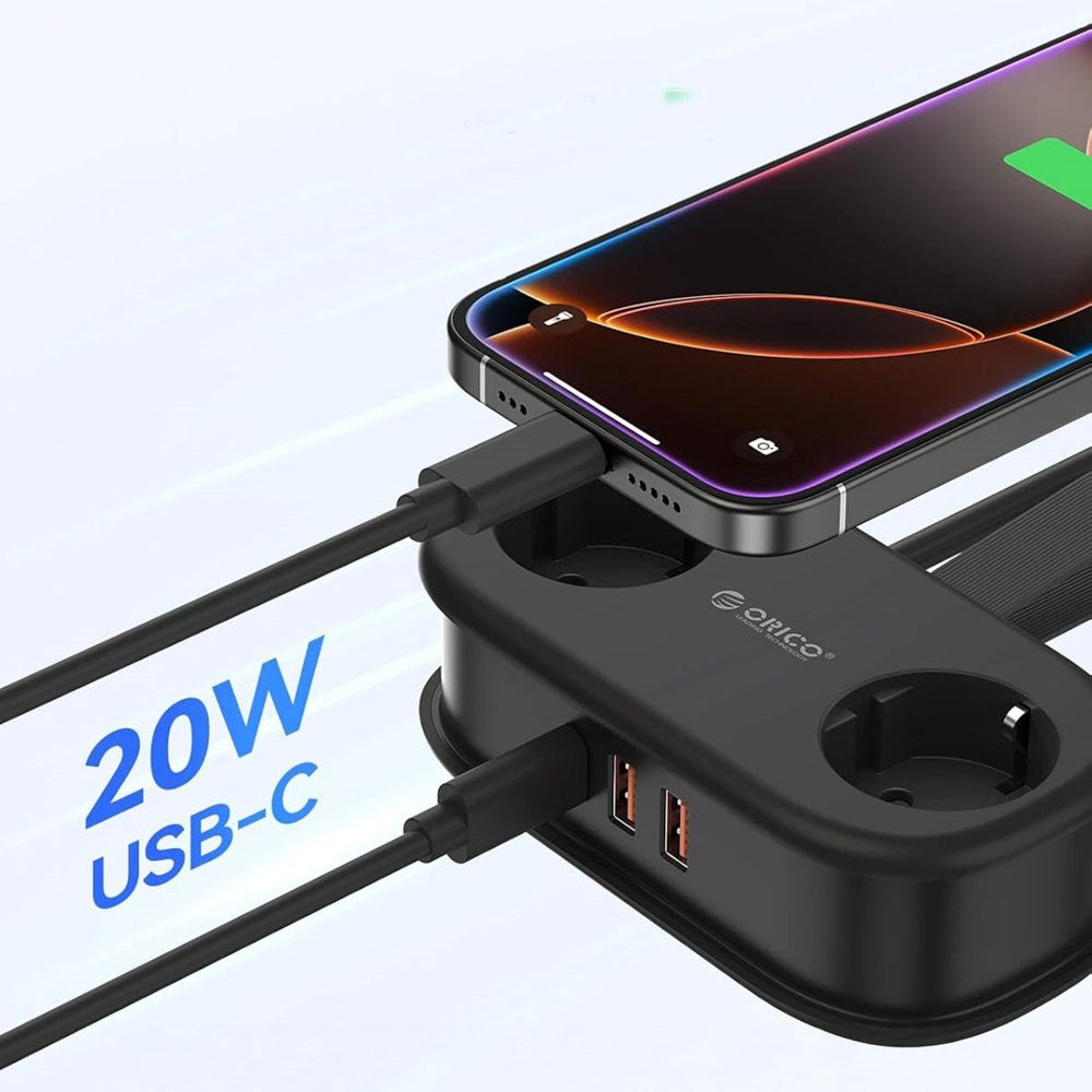 ORICO 20W 5-i-1 Strømskinne med 2 x Schuko 2 x USB-A 1 x USB-C - Svart