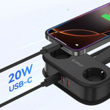 ORICO 20W 5-i-1 Strømskinne med 2 x Schuko 2 x USB-A 1 x USB-C - Svart
