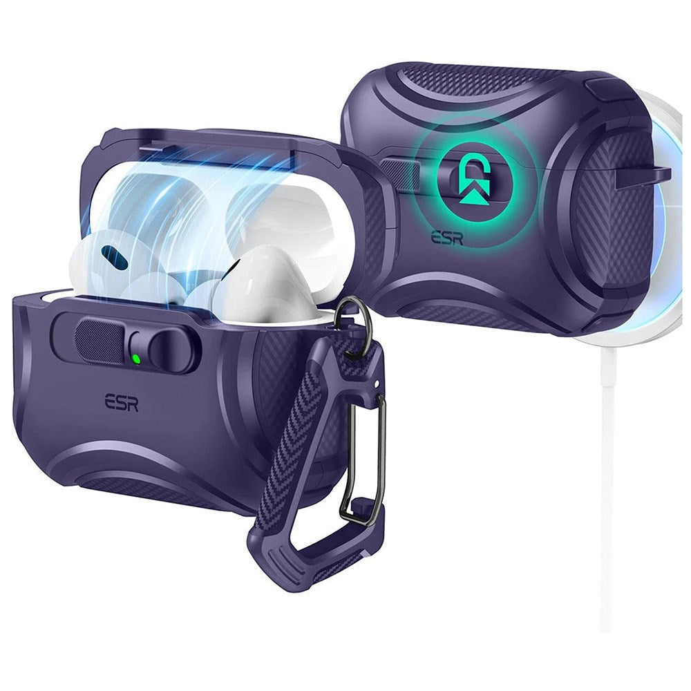 ESR AirPods Pro (3. gen.) Cyber FlickLock Deksel med Karabinkrok – Lilla