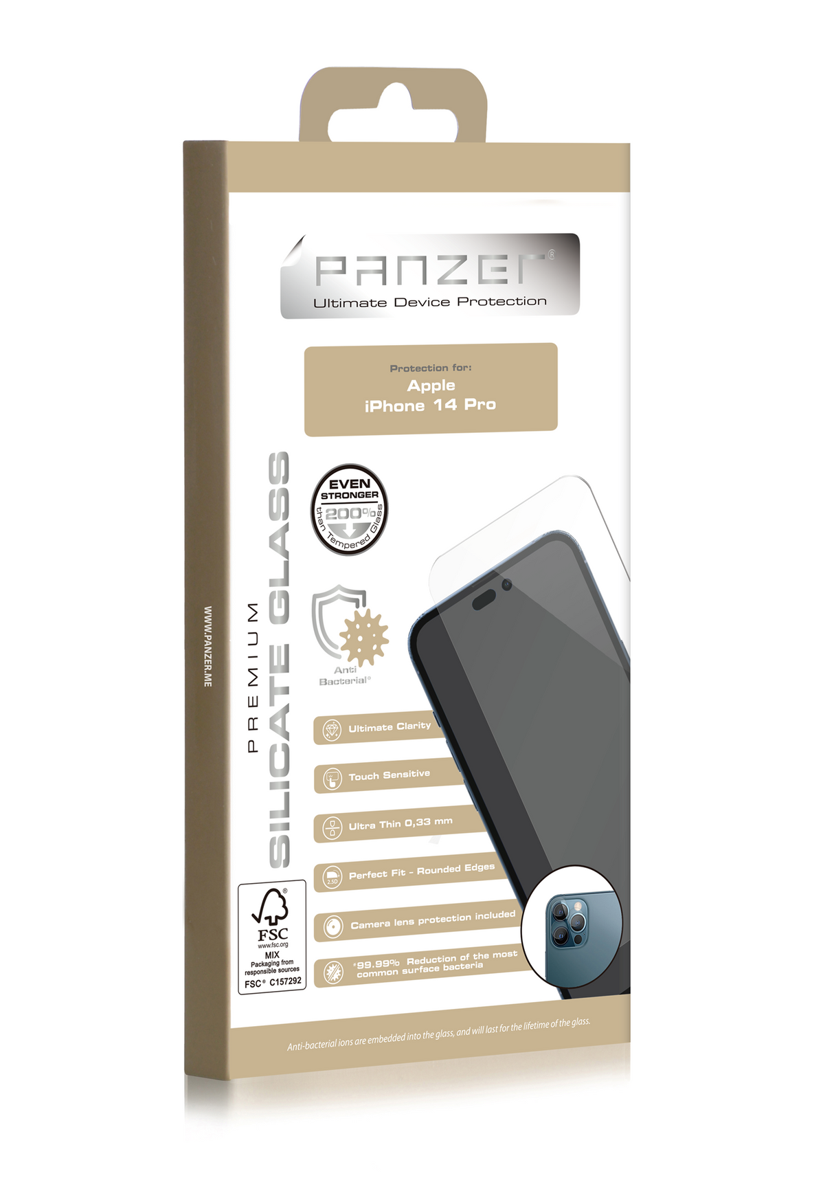 iPhone 14 Pro PANZER Skjermbeskyttelsesglass Premium - Ultimate Clarity - Antibakteriell - Inkl. Kamerabeskyttelse