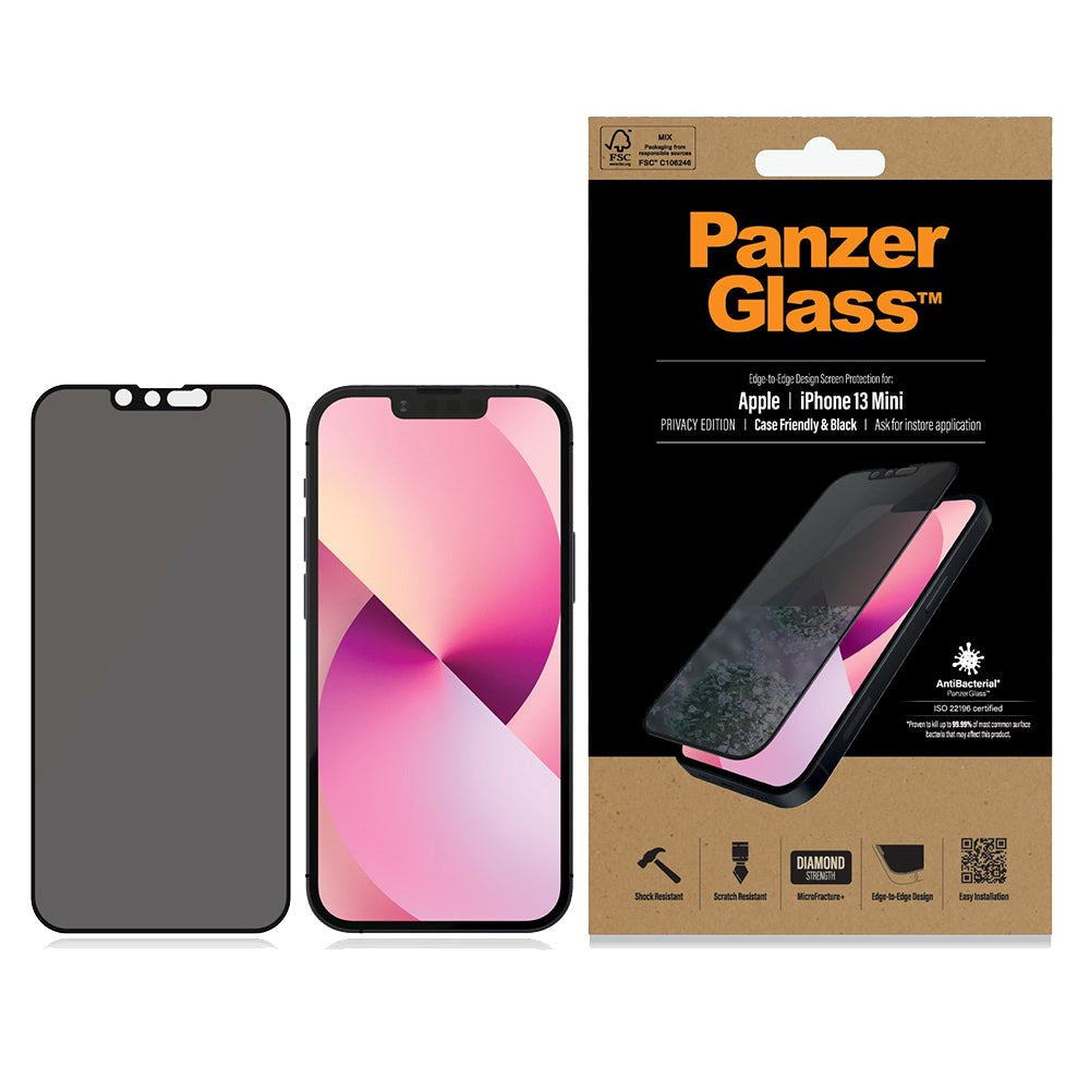 iPhone 13 Mini PanzerGlass AntiBacterial Edge-to-Edge Beskyttelsesglass - Privacy Glass - Svart Kant