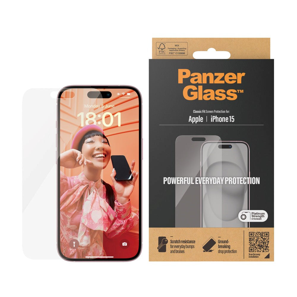 iPhone 15 PanzerGlass Classic Fit Skjermbeskyttelse - Platinum Strength - Gjennomsiktig