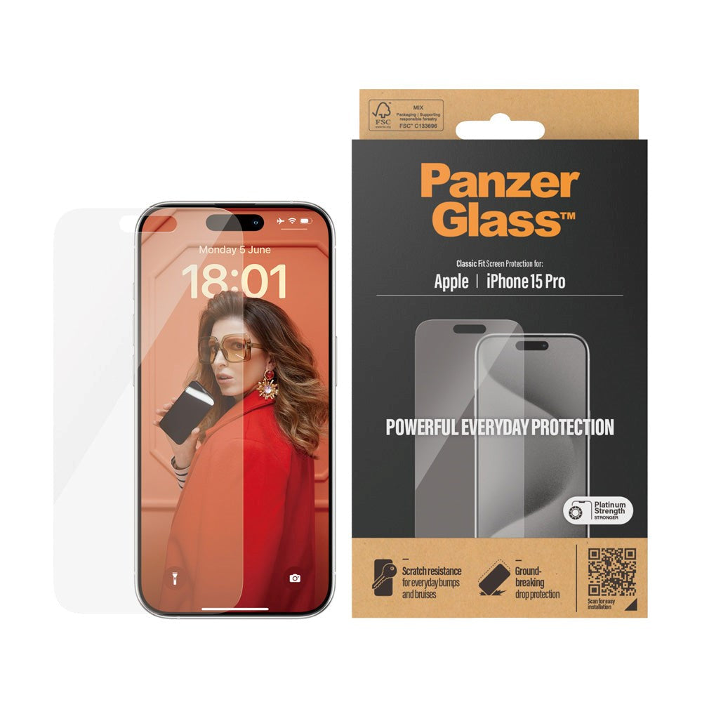 iPhone 15 Pro PanzerGlass Classic Fit Skjermbeskyttelse - Platinum Strength - Gjennomsiktig