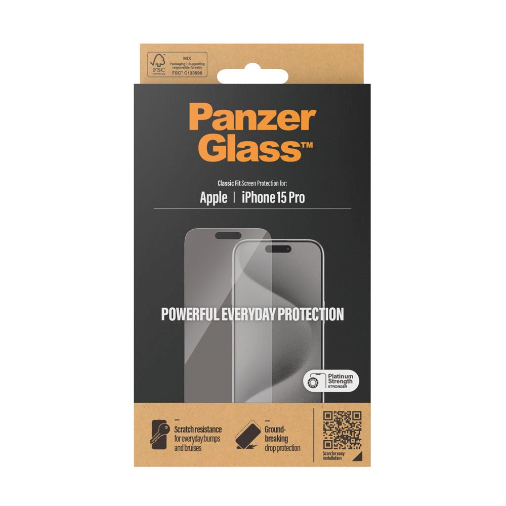 iPhone 15 Pro PanzerGlass Classic Fit Skjermbeskyttelse - Platinum Strength - Gjennomsiktig