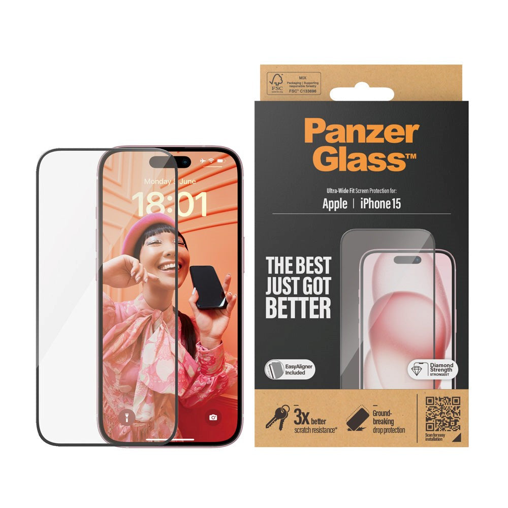 iPhone 15 PanzerGlass Ultra Wide Fit Skjermbeskyttelse m. EasyAligner - Diamond Strength - Gjennomsiktig / Svart Kant