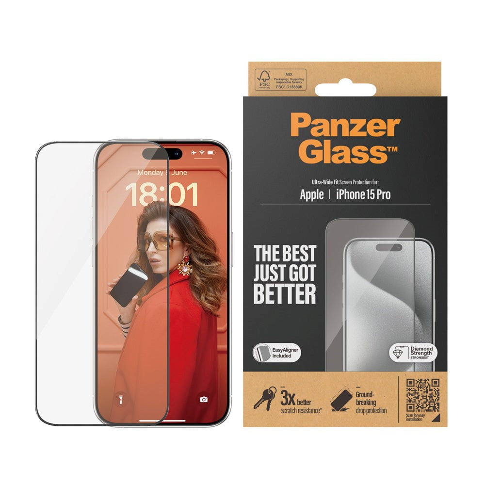 iPhone 15 Pro PanzerGlass Ultra Wide Fit Skjermbeskyttelse m. EasyAligner - Diamond Strength - Gjennomsiktig / Svart Kant