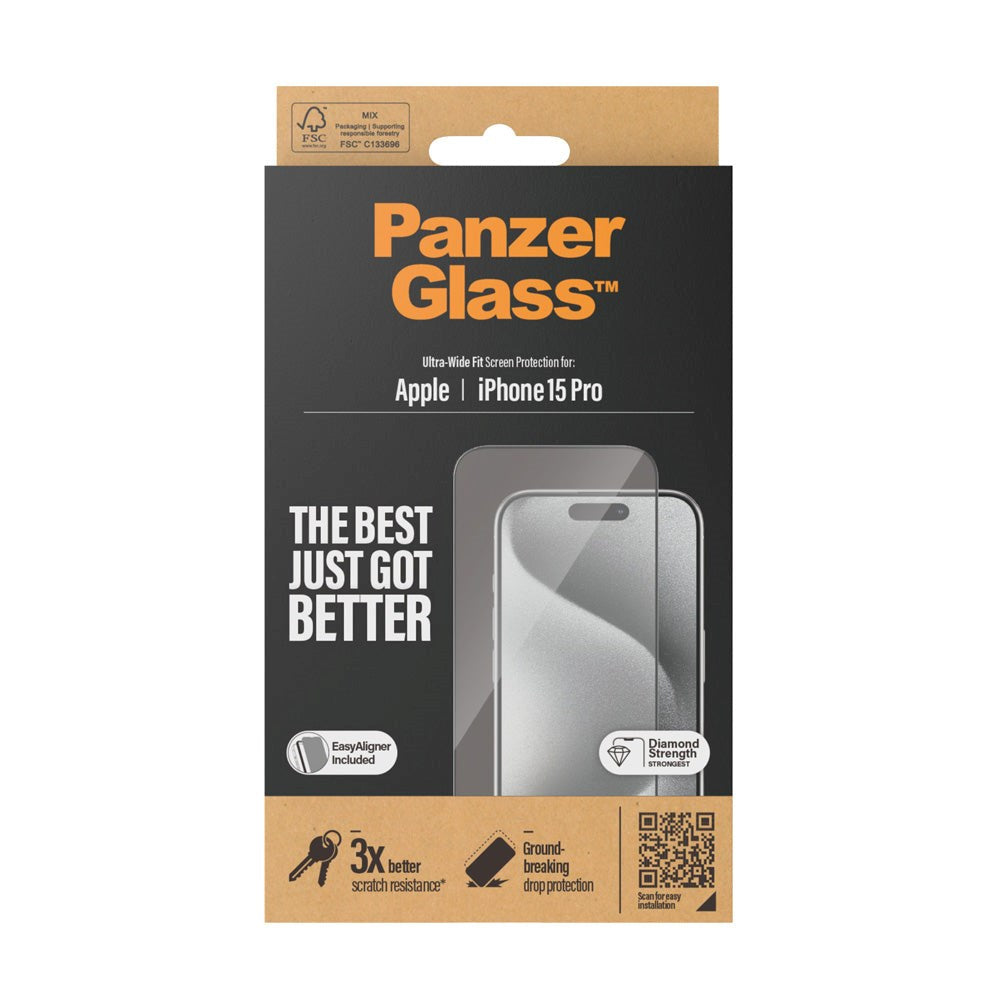 iPhone 15 Pro PanzerGlass Ultra Wide Fit Skjermbeskyttelse m. EasyAligner - Diamond Strength - Gjennomsiktig / Svart Kant