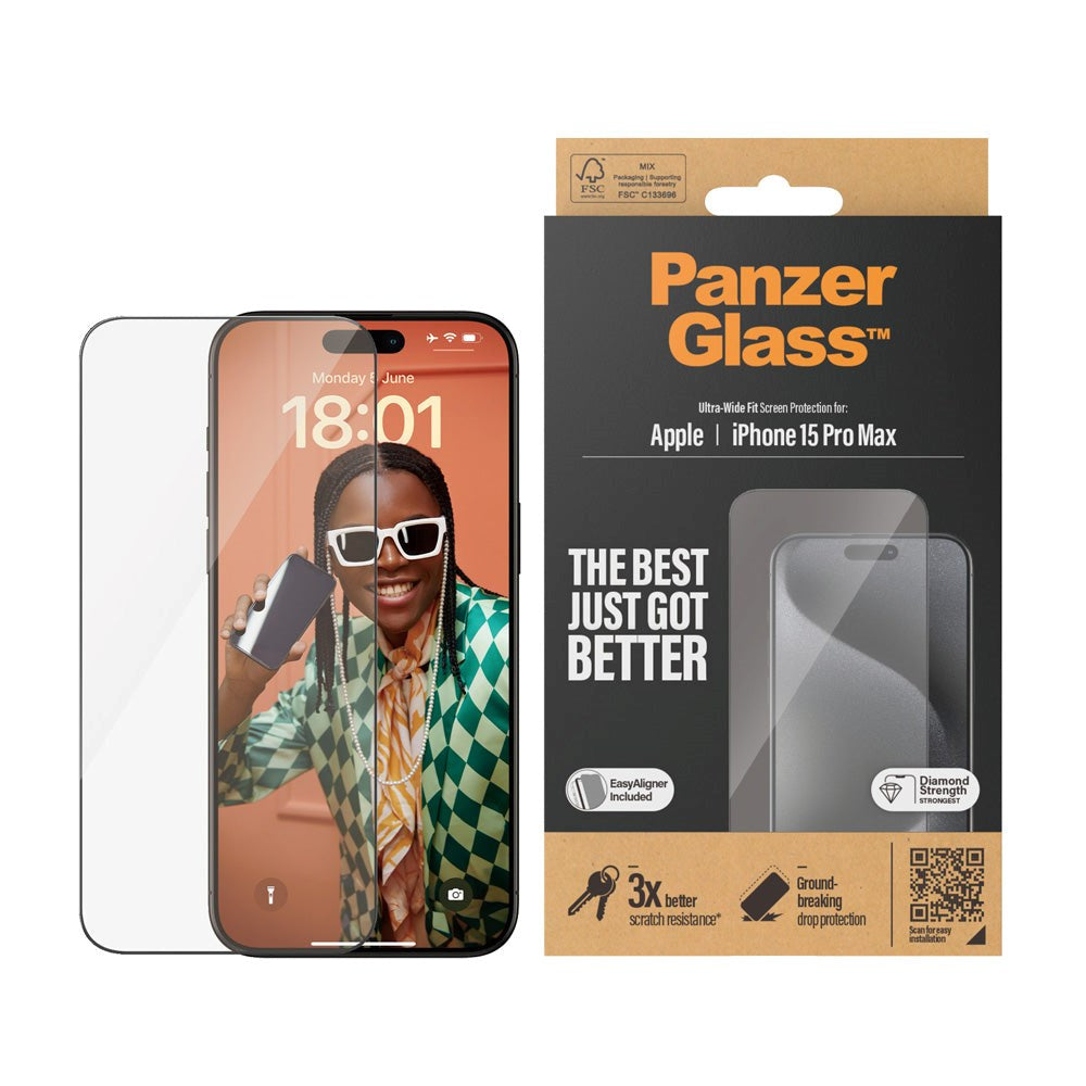 iPhone 15 Pro Max PanzerGlass Ultra Wide Fit Skjermbeskyttelse m. EasyAligner - Diamond Strength - Gjennomsiktig / Svart Kant