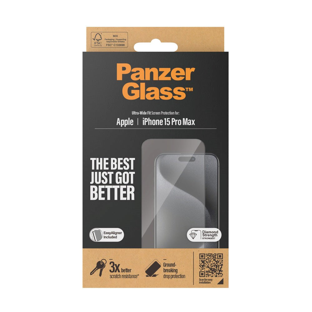 iPhone 15 Pro Max PanzerGlass Ultra Wide Fit Skjermbeskyttelse m. EasyAligner - Diamond Strength - Gjennomsiktig / Svart Kant