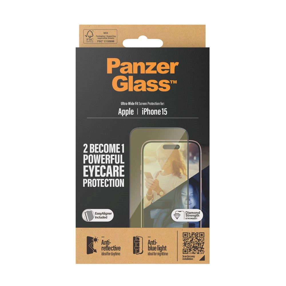 iPhone 15 PanzerGlass Ultra Wide Fit Skjermbeskyttelse m. EasyAligner - Anti-Reflective - Anti-Blue Light - Diamond Strength - Gjennomsiktig / Svart Kant