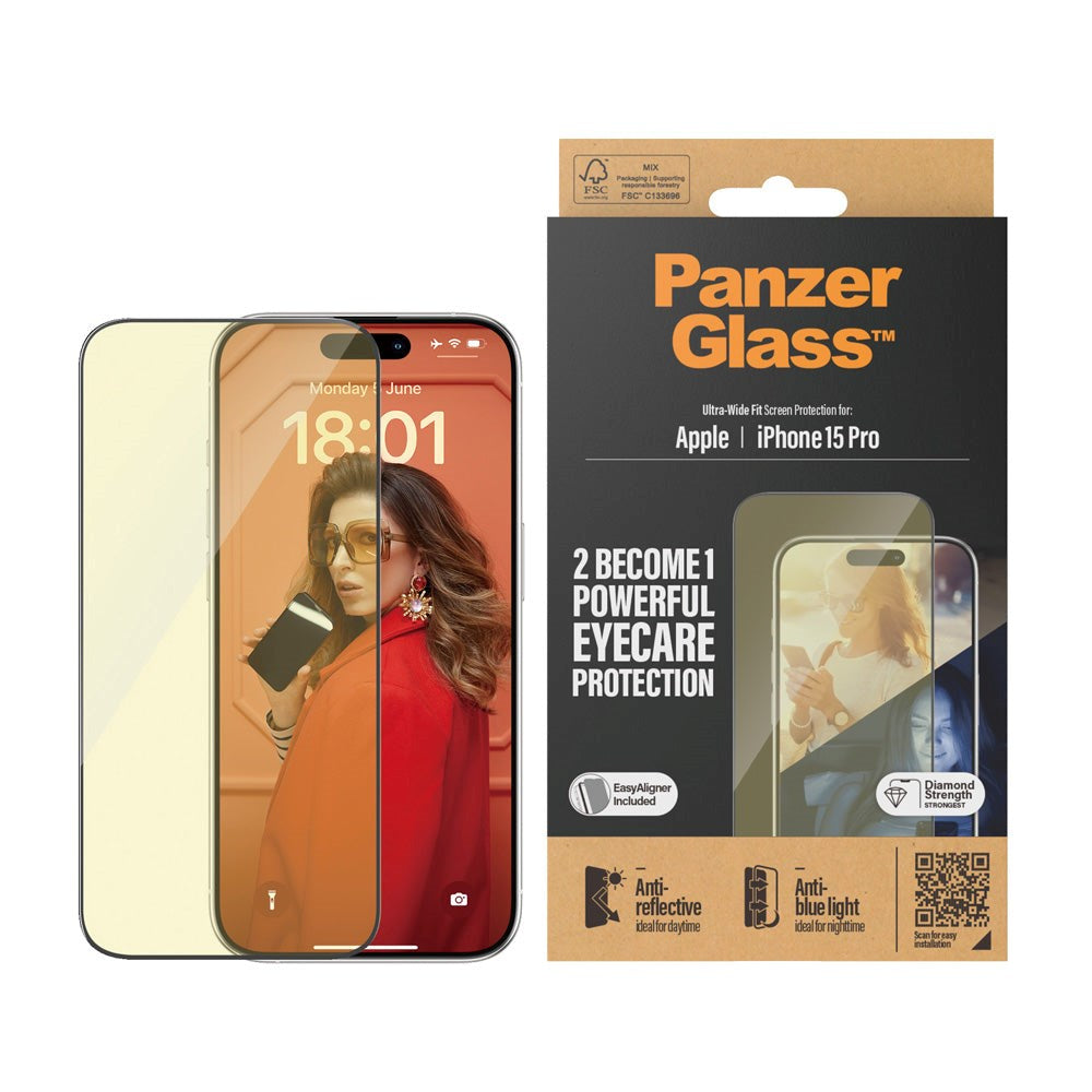 iPhone 15 Pro PanzerGlass Ultra Wide Fit Skjermbeskyttelse m. EasyAligner - Anti-Reflective - Anti-Blue Light - Diamond Strength - Gjennomsiktig / Svart Kant