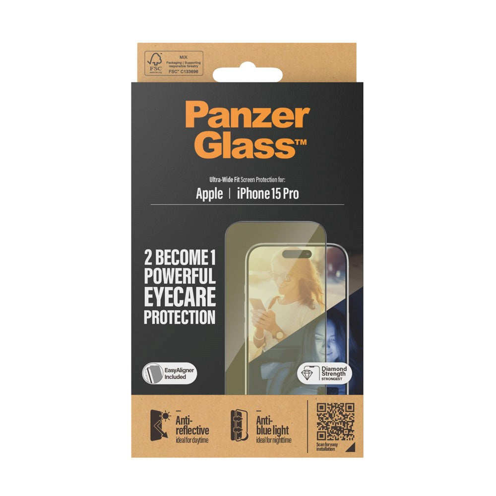 iPhone 15 Pro PanzerGlass Ultra Wide Fit Skjermbeskyttelse m. EasyAligner - Anti-Reflective - Anti-Blue Light - Diamond Strength - Gjennomsiktig / Svart Kant