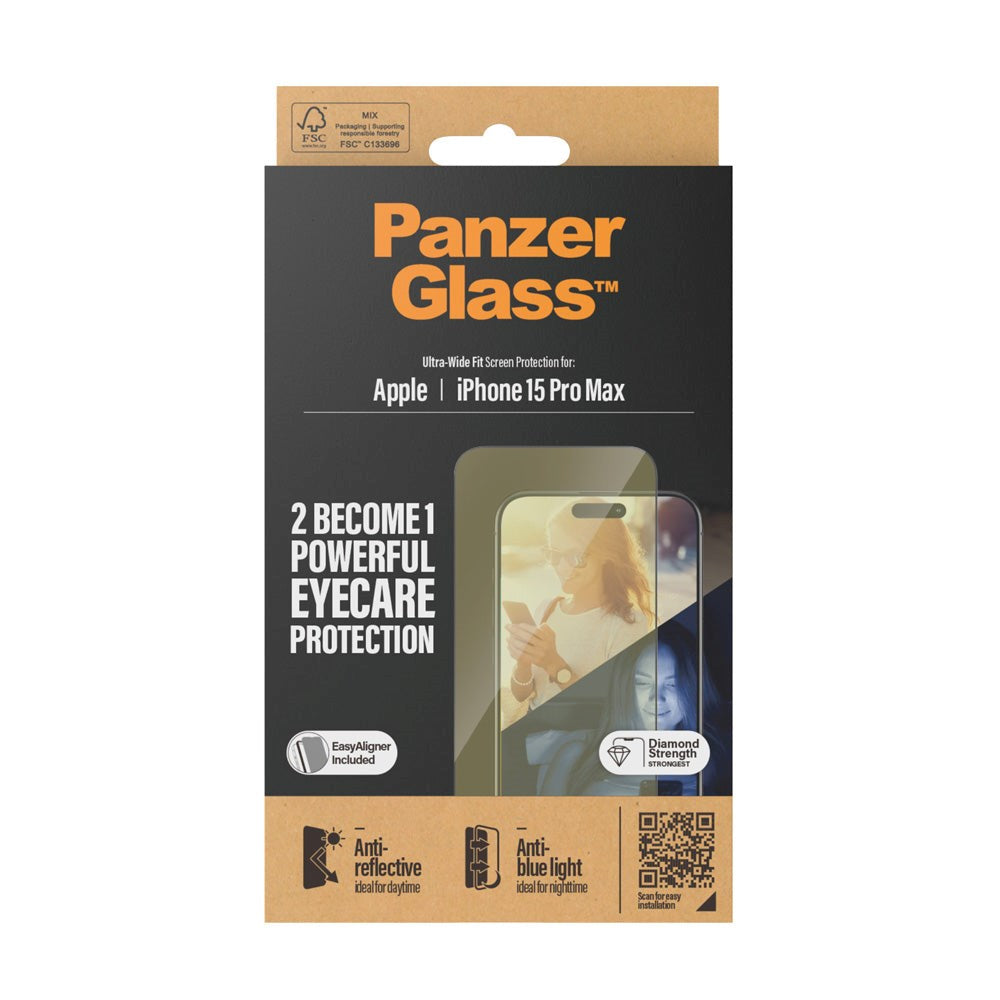 iPhone 15 Pro Max PanzerGlass Ultra Wide Fit Skjermbeskyttelse m. EasyAligner - Anti-Reflective - Anti-Blue Light - Diamond Strength - Gjennomsiktig / Svart Kant