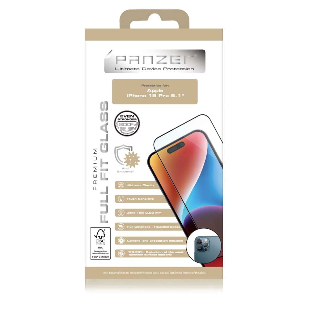 iPhone 15 Pro PANZER Premium Full-Fit Glass - Herdet Glass - Svart Kant