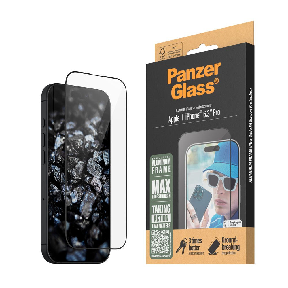 iPhone 16 Pro PanzerGlass Ultra Wide Fit Skjermbeskyttelse m. EasyAligner - Aluminum Frame - Diamond Strength - Gjennomsiktig / Svart Kant