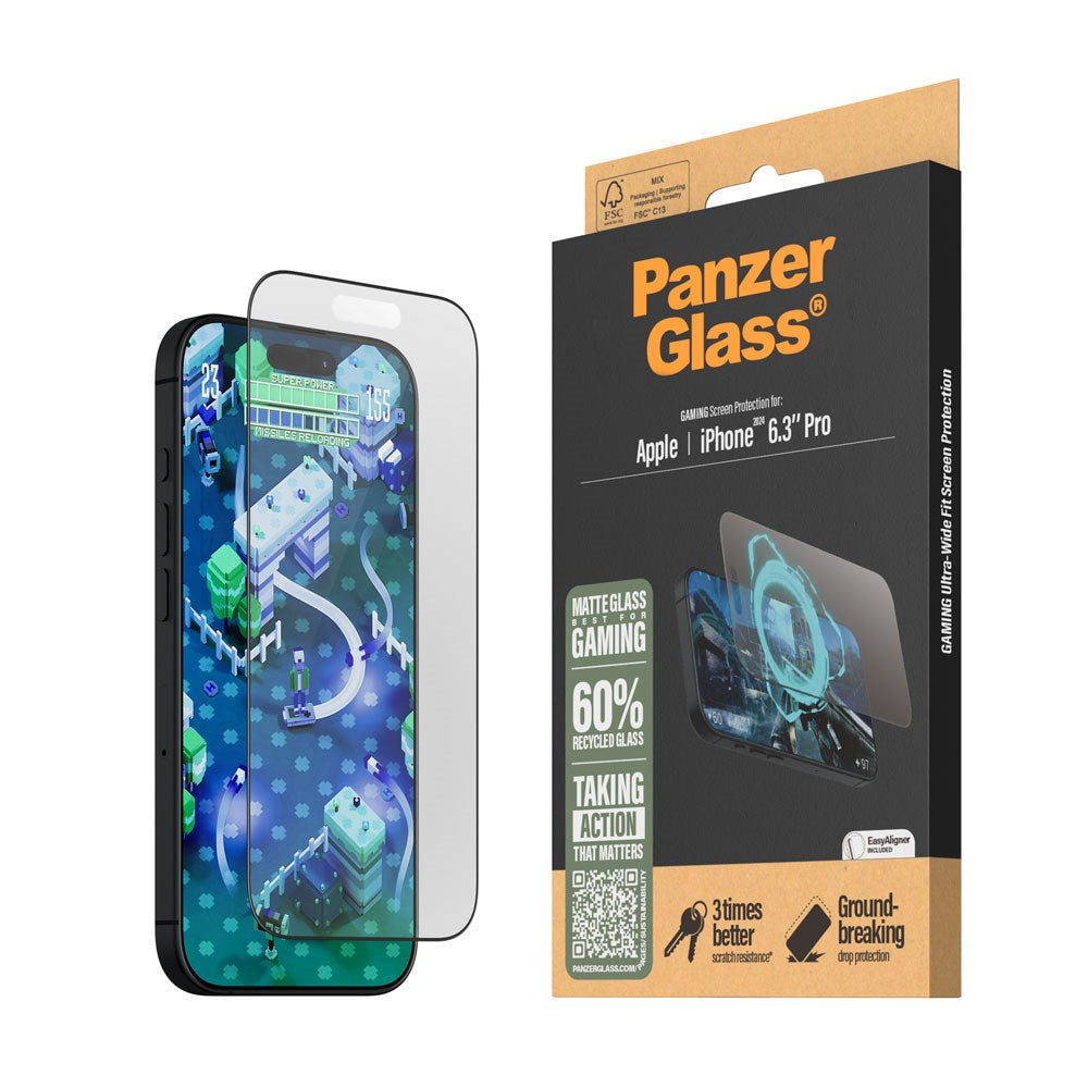 iPhone 16 Pro PanzerGlass Ultra Wide Fit Skjermbeskyttelse m. EasyAligner - Anti-Reflective - Diamond Strength - Gjennomsiktig / Svart Kant