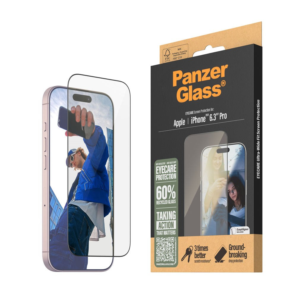 iPhone 16 Pro PanzerGlass Ultra Wide Fit Skjermbeskyttelse m. EasyAligner - EyeCare - Diamond Strength - Gjennomsiktig / Svart Kant