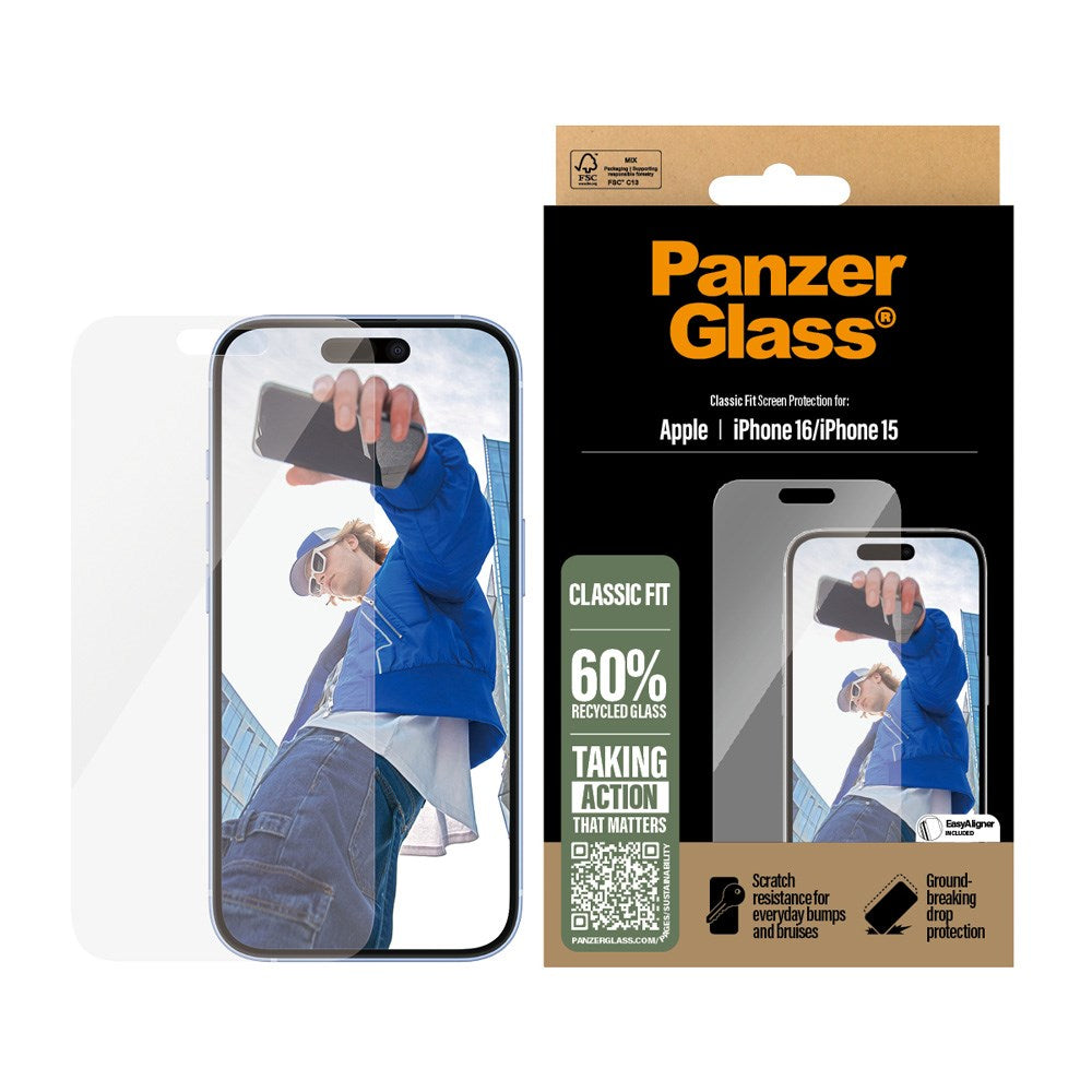 iPhone 16 PanzerGlass Classic Fit Skjermbeskyttelse m. EasyAligner - Platinum Strength - Gjennomsiktig