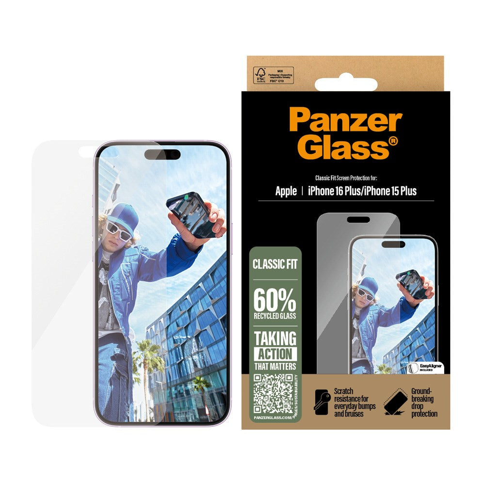 iPhone 16 Plus PanzerGlass Classic Fit Skjermbeskyttelse m. EasyAligner - Platinum Strength - Gjennomsiktig