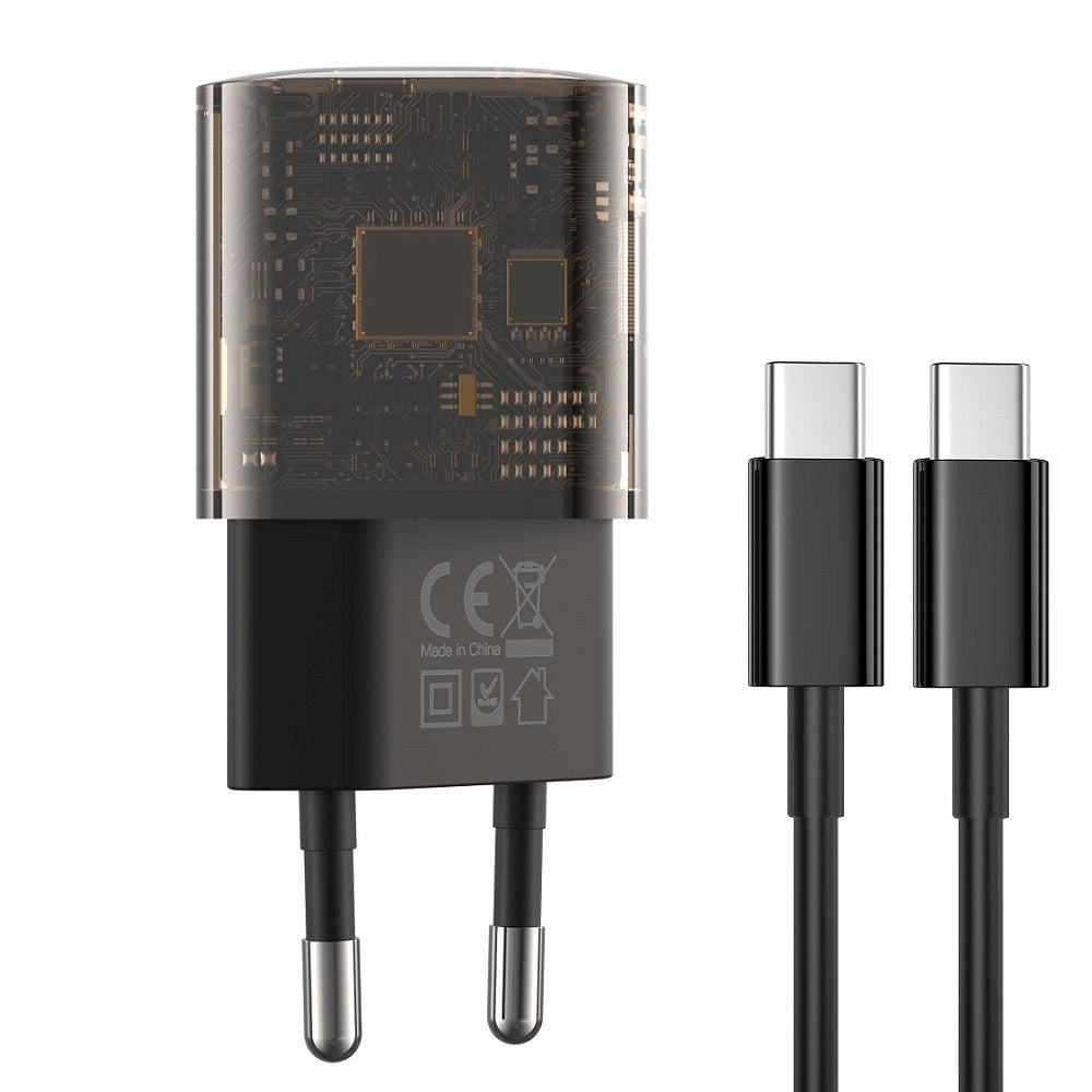 XO CE05 Power Delivery 30W Vegglader med USB-C & USB-A - inkl. USB-C-kabel (1M) - Svart / Gjennomsiktig