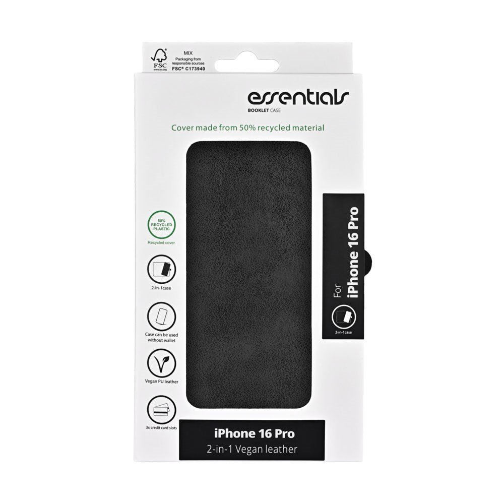 iPhone 16 Pro Essentials 2-i-1 Kunstskinn Flip Deksel - Svart
