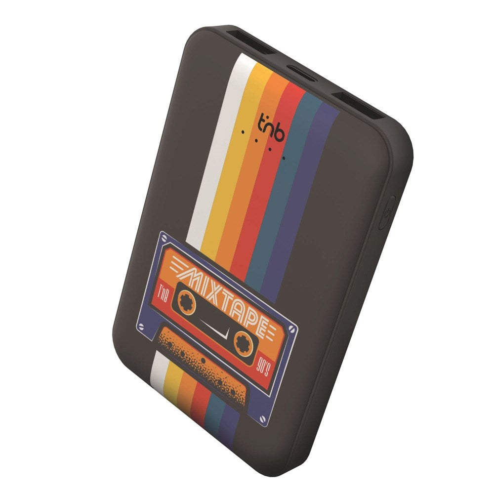 T'NB Powerbank 5000 mAh - 20W - 2 x USB-A - 1 x USB-C - Kassettbånd Design