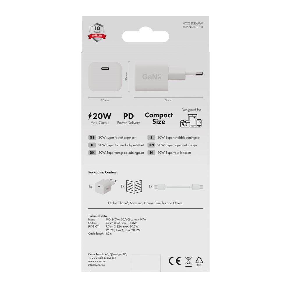 X2O 20W Vegglader m. 1x USB-C & 1x USB-C Kabel – 1.2m – Hvit