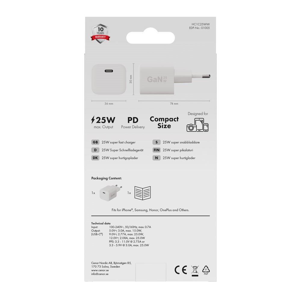 X2O 25W Vegglader m. 1x USB-C - Hvit