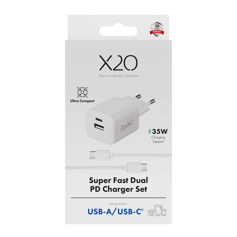 X2O 35W Vegglader m. 1x USB-A / 1x USB-C / 1x USB-C Kabel - 1.2m - Hvit