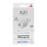 X2O 35W Vegglader m. 1x USB-A / 1x USB-C / 1x USB-C Kabel - 1.2m - Hvit