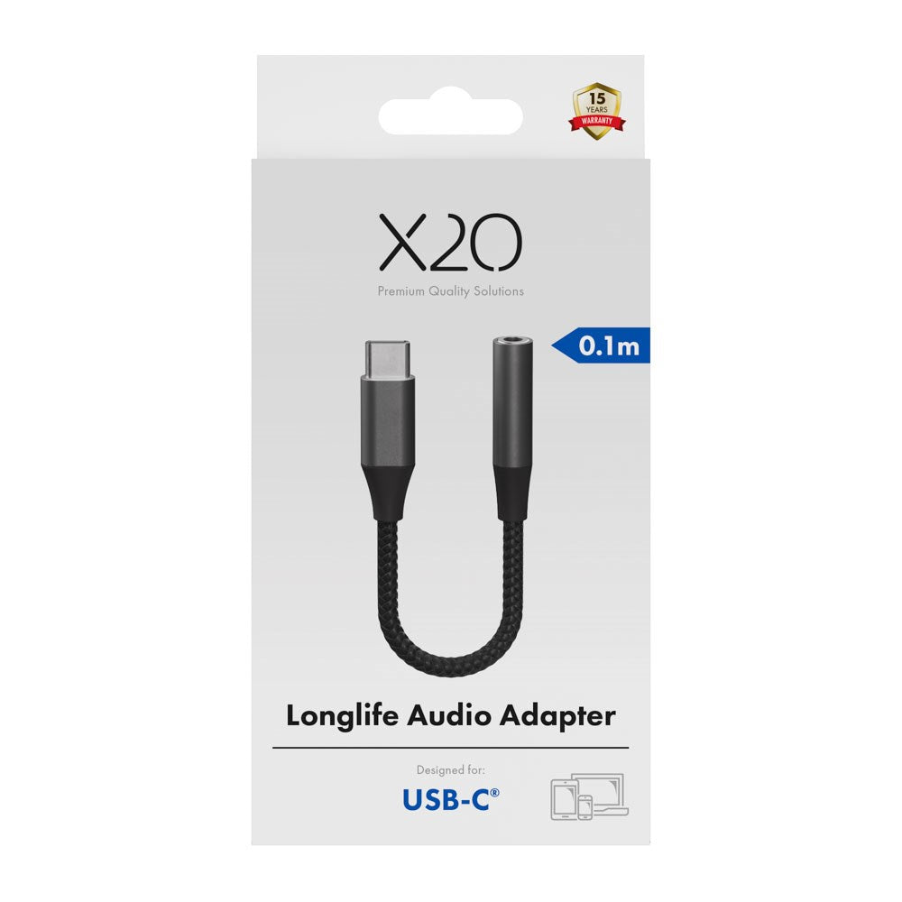 X2O Longlife USB-C til 3.5mm AUX Lyd Adapter - 0.1m - Svart