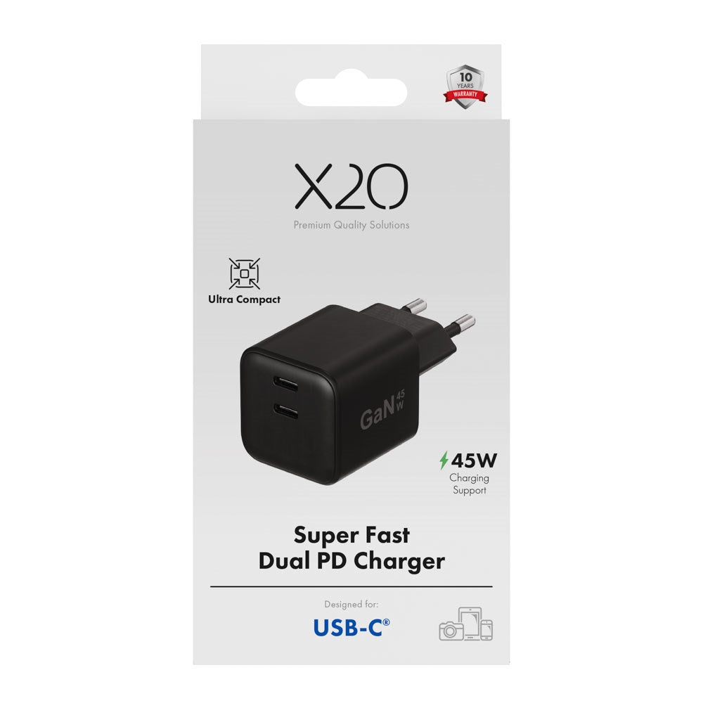 X2O 45W GaN Vegglader m. 2x USB-C - Svart
