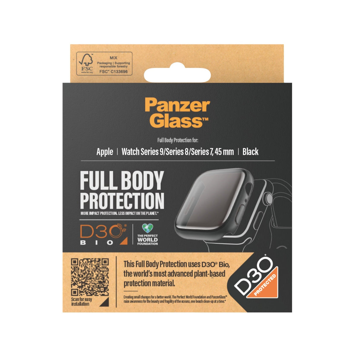 PanzerGlass Apple Watch 9/8/7 (45mm) Full Body D3O Bio Protection Deksel m. Innebygd skjermbeskyttelse - Svart