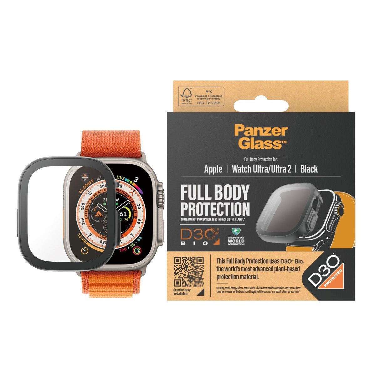 PanzerGlass Apple Watch Ultra 1/2 (49mm) Full Body D3O Bio Protection Deksel m. Innebygd skjermbeskyttelse - Svart