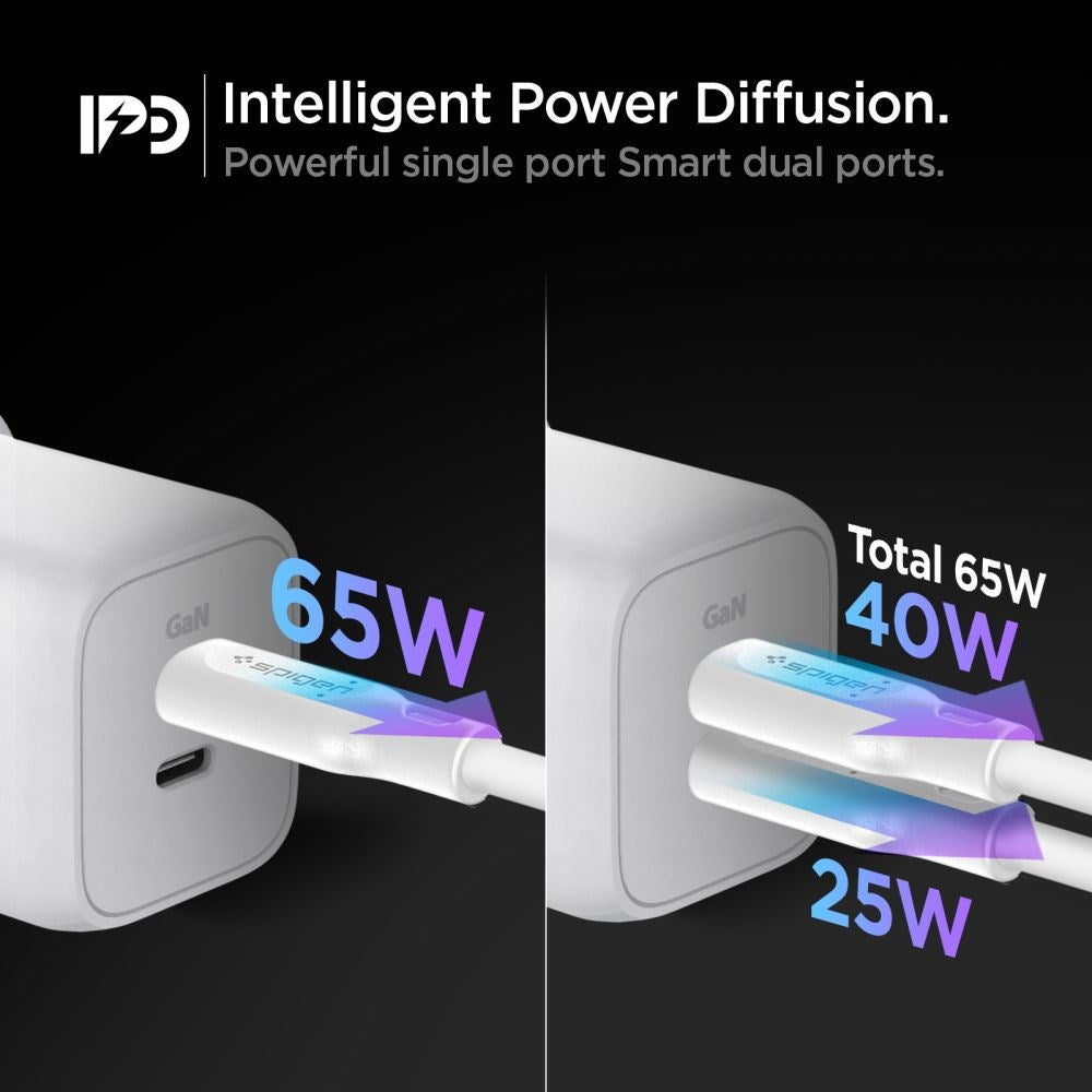 Spigen Quantum Boost ArcStation GaN 65W Vegglader med 2 x USB-C - Hvit