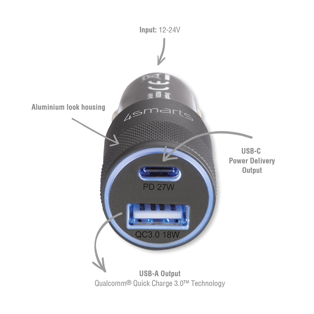 4smarts Rapid+ Hurtig BilLader 27W PD / 18W QC - 1x Usb-A 1x Usb-C - Sort