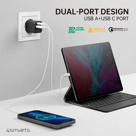 4Smarts VoltPlug Duos 20W Vegglader - 1 x USB-A QC & 1 x USB-C PD - Svart