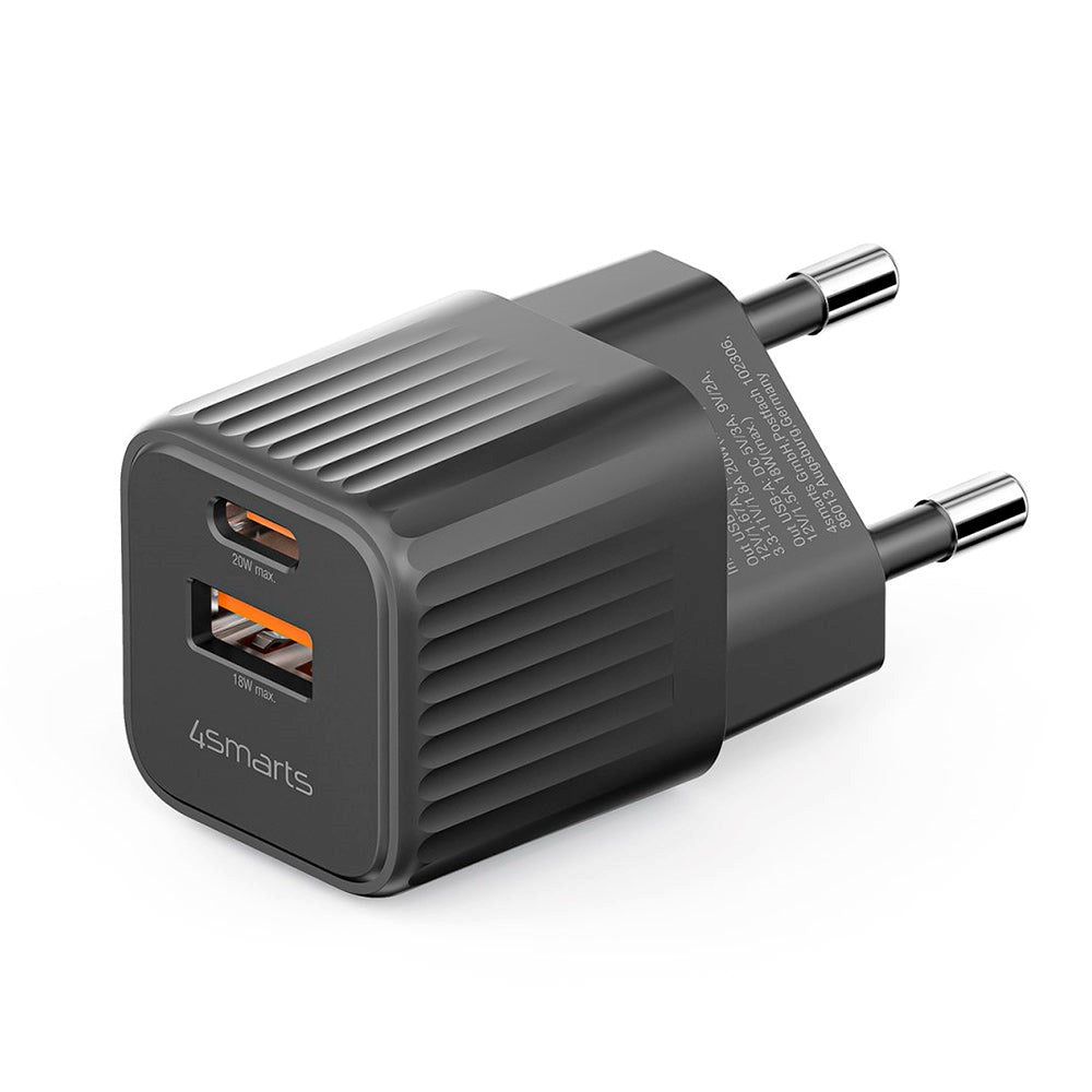 4Smarts VoltPlug Duos 20W Vegglader - 1 x USB-A QC & 1 x USB-C PD - Svart