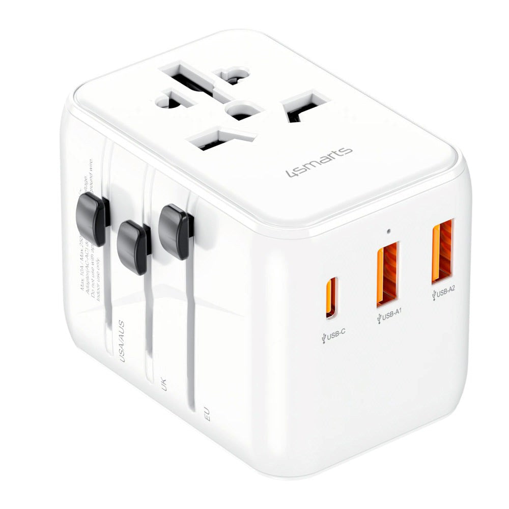 4smarts World Reiseadapter m. 2 x USB-A, 1 x USB-C og 1 x AC-Strømuttak - Hvit