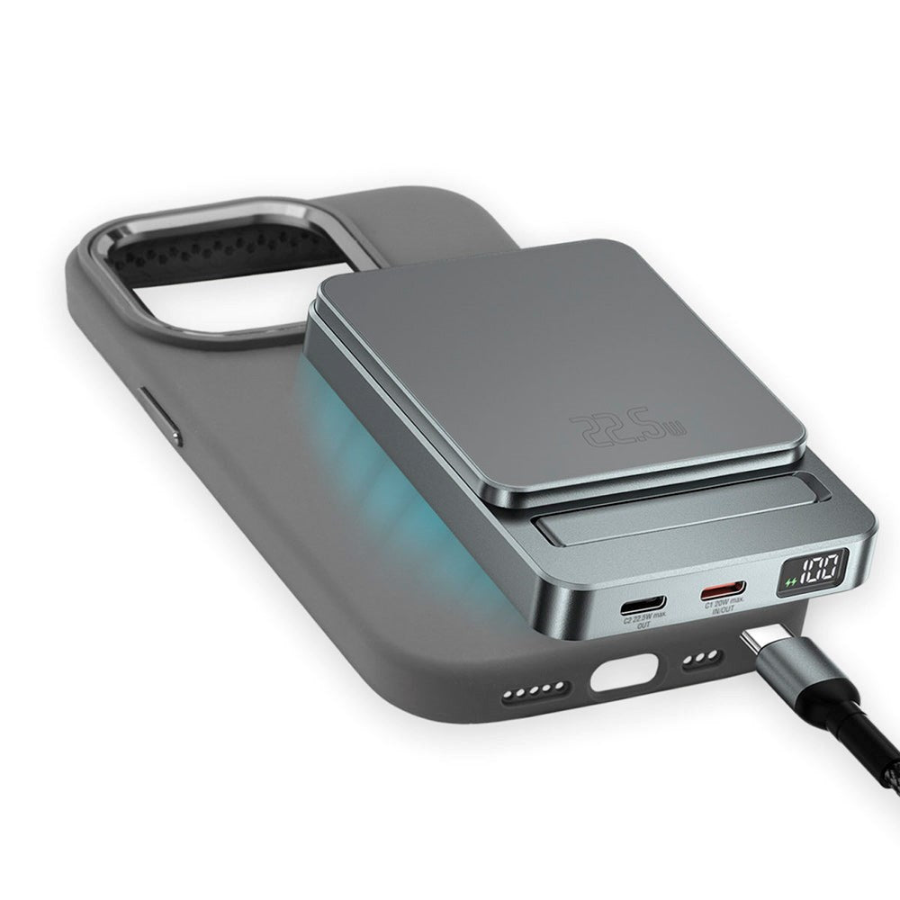 4Smarts OneStyle iPhone 15 Silikon Deksel - MagSafe Kompatibel - m. MagSafe Kompatibel PowerBank 22.5W 5000mAh & USB-C til USB-C kabel - Grå