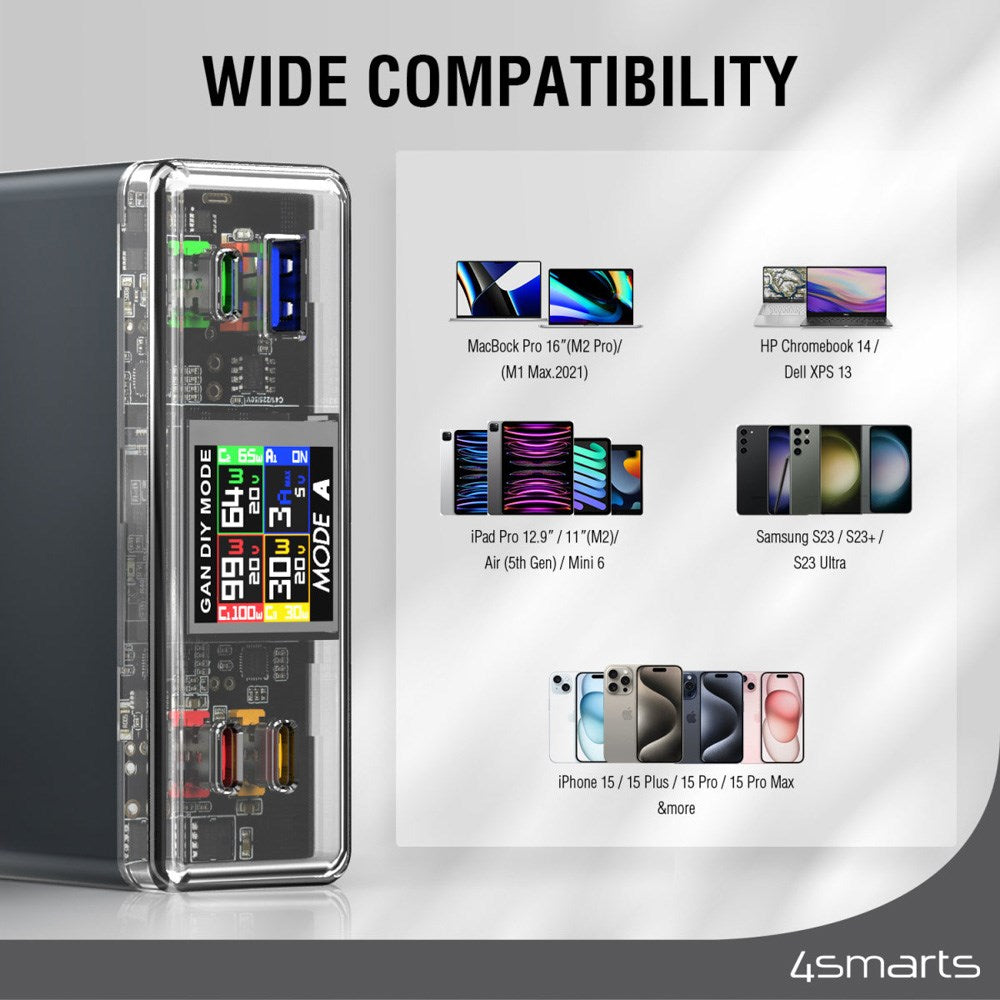 4smarts Lucid GaN DIY Mode Desktop Lader - 210W / 3x USB-C & 1x USB-A - Grå