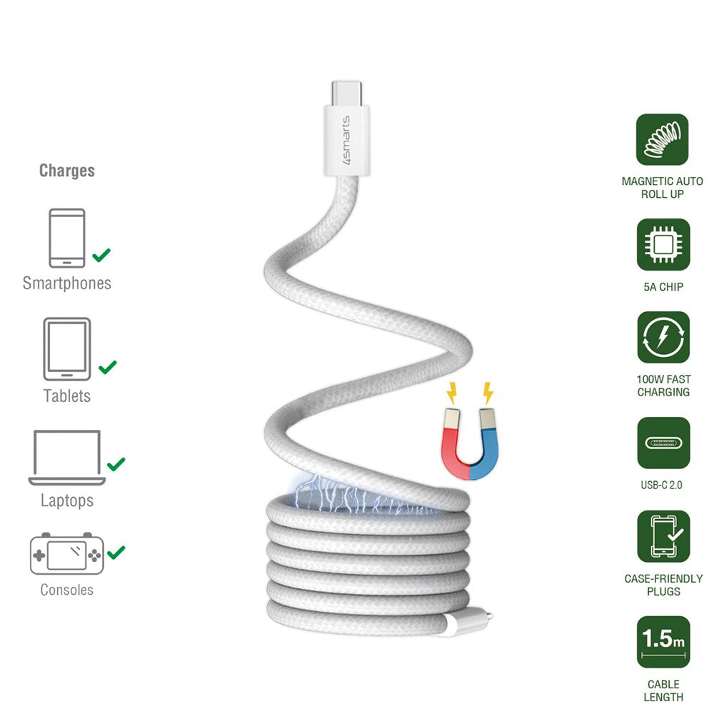 4smarts Magnetisk USB-C til USB-C Kabel 100W PD - 1.5m - Hvit